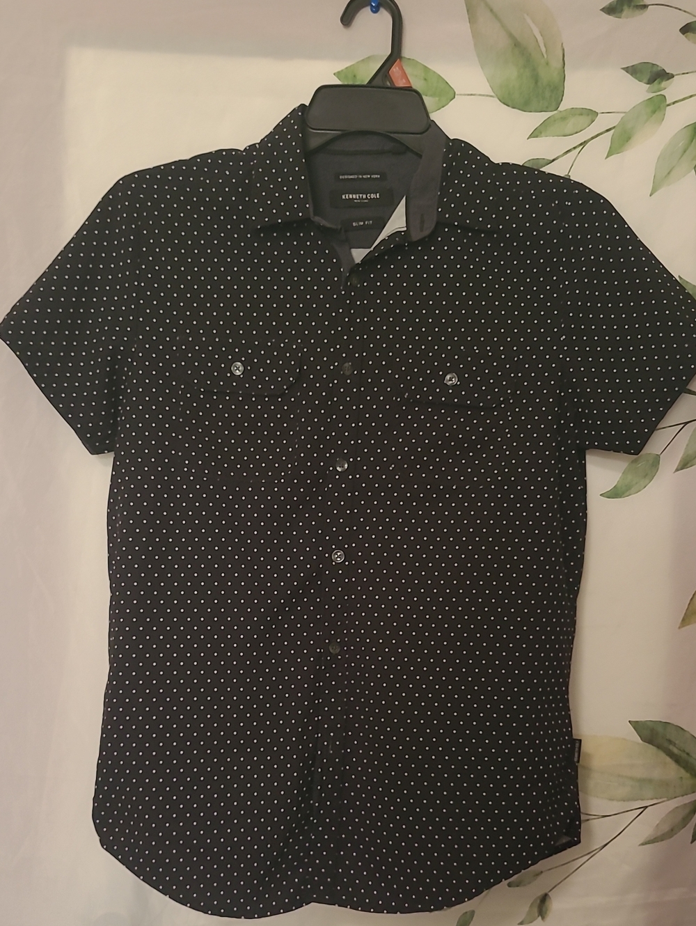 Kenneth Cole Black Short Sleeve Button-Down with White Polka Dots